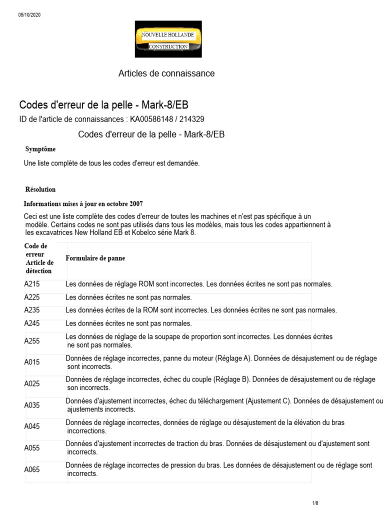 Codes d'erreur des pelles Mark-8/EB | PDF | Équipement