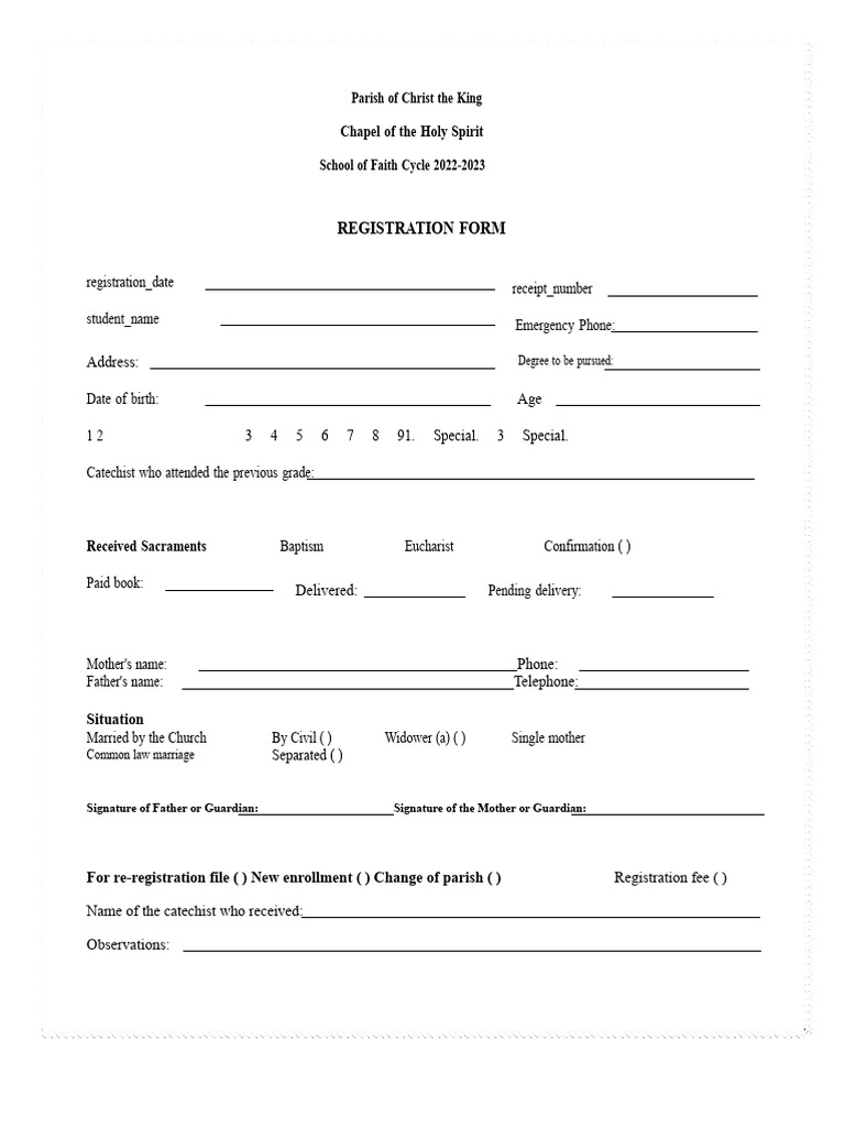 Registration Form For Catechism 2022 2023 Pdf