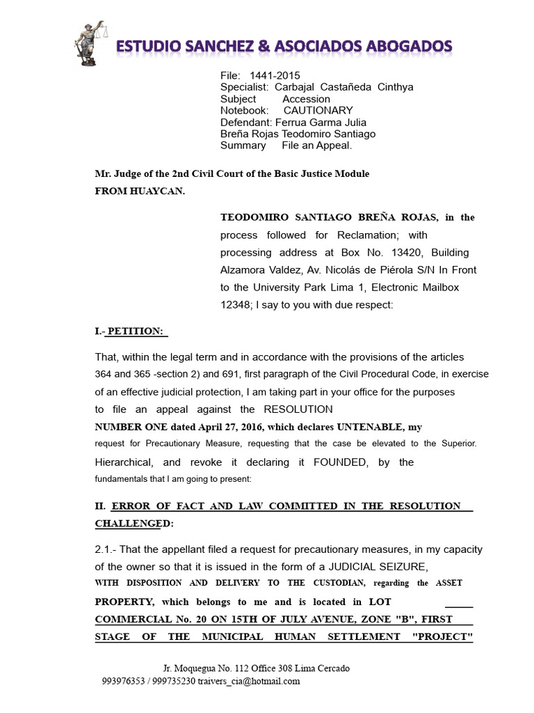 Written Appeal For Precautionary Measure | PDF | Property | Appeal