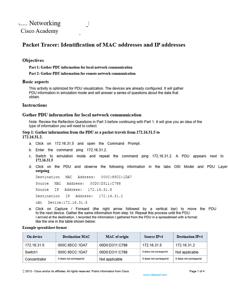 9.1.3 Packet Tracer - Identify Mac and Ip Addresses | PDF | Computer ...