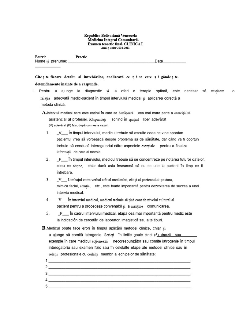 Model Examen Clinic 1 Mic | PDF