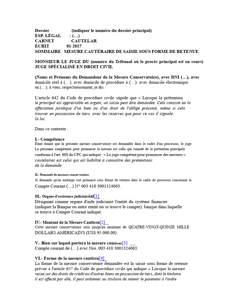 Demande de saisie conservatoire judiciaire | PDF | Débiteur | Crédit