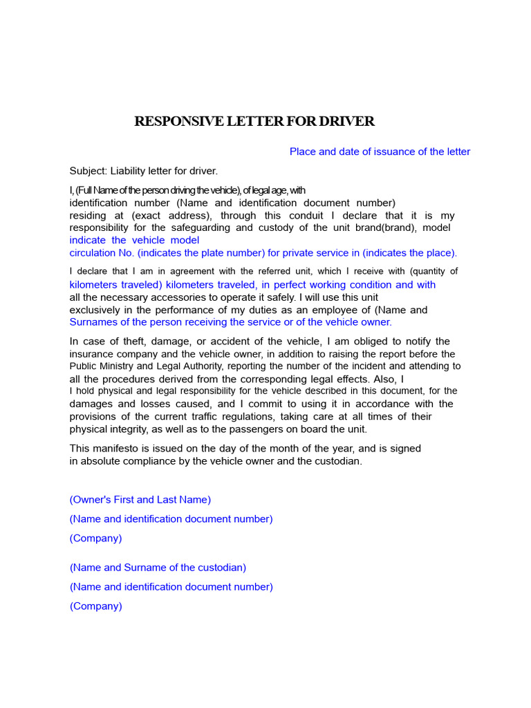 Driver Liability Letter Template | PDF