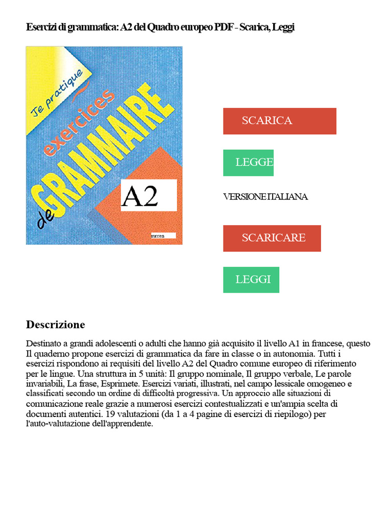 Esercizi Di Grammatica - A2 Del Quadro Europeo PDF - Scarica, Leggi | PDF
