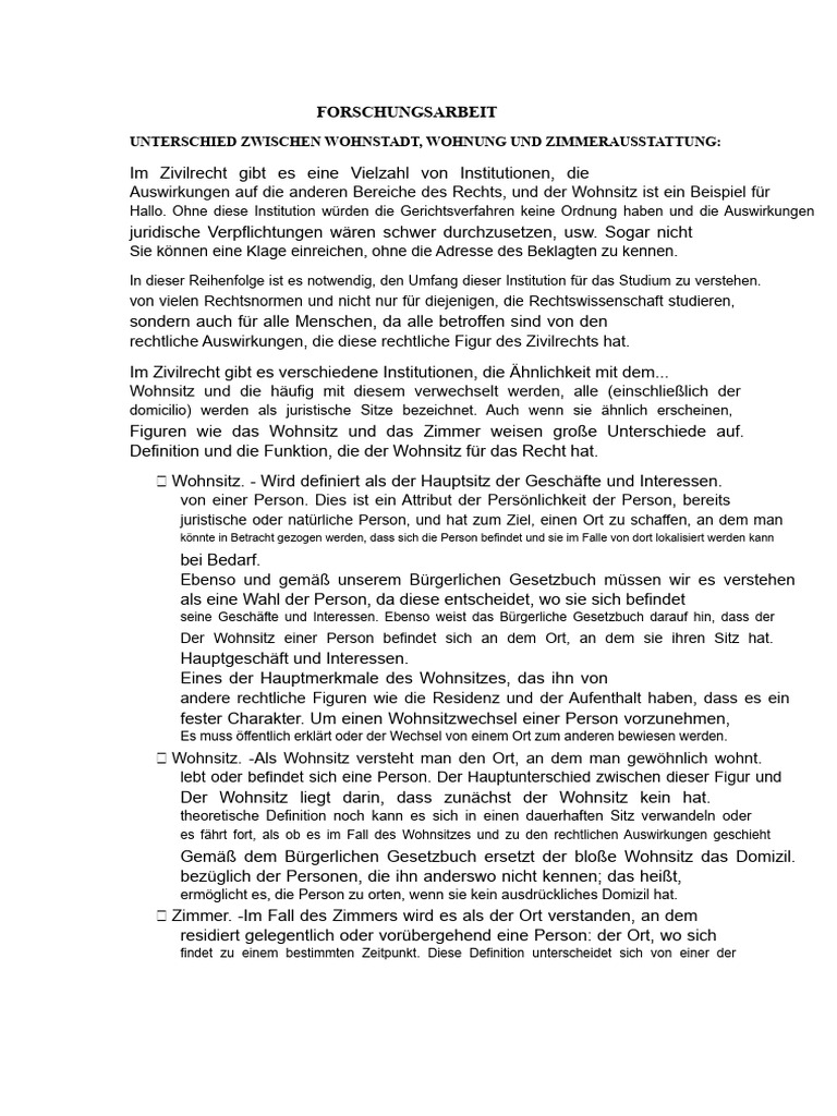 Forschungsarbeit Unterschied Zwischen Wohnort, Wohnsitz Und Wohnung | PDF