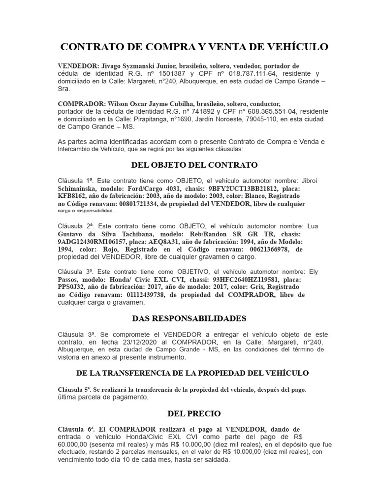 Contrato de Compra y Venta de Vehículo | PDF | Industria automotriz ...