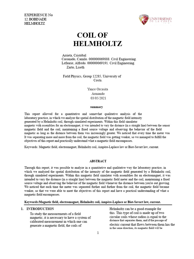 Helmholtz Coil Magnetic Field Analysis | PDF | Magnetic Field | Inductor