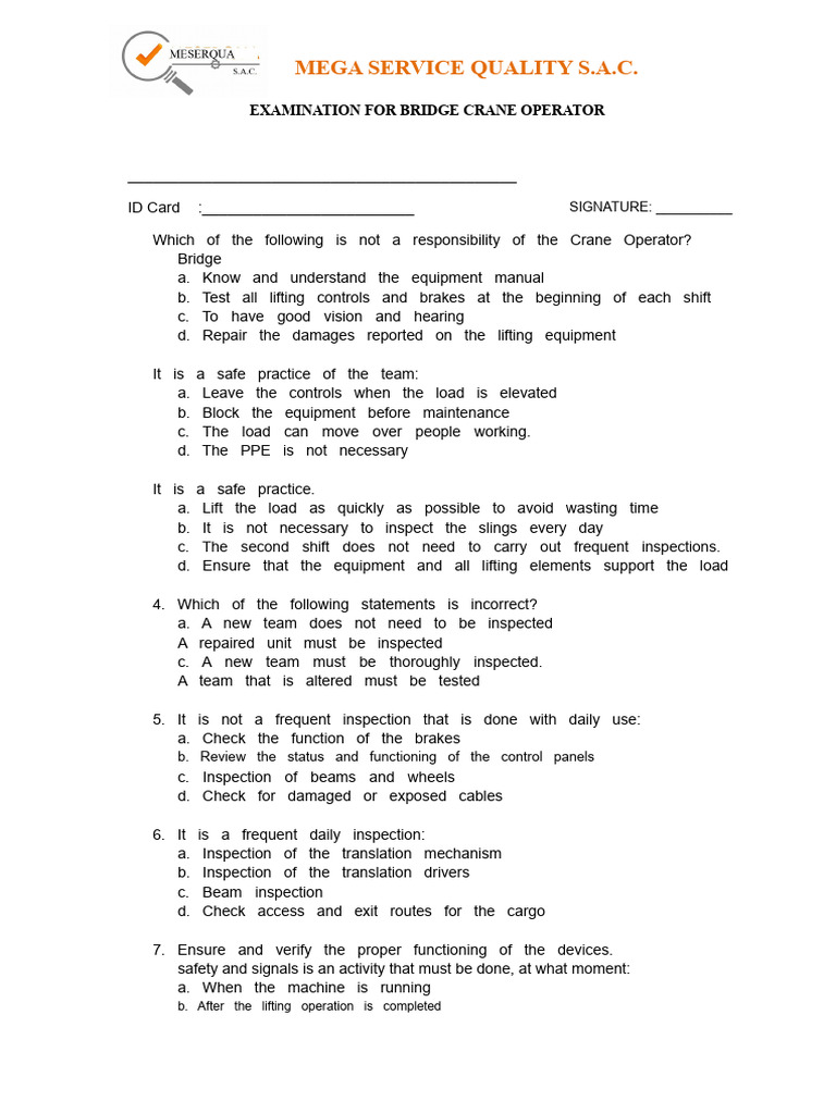 Bridge Crane Operator Exam Guide | PDF | Crane (Machine)