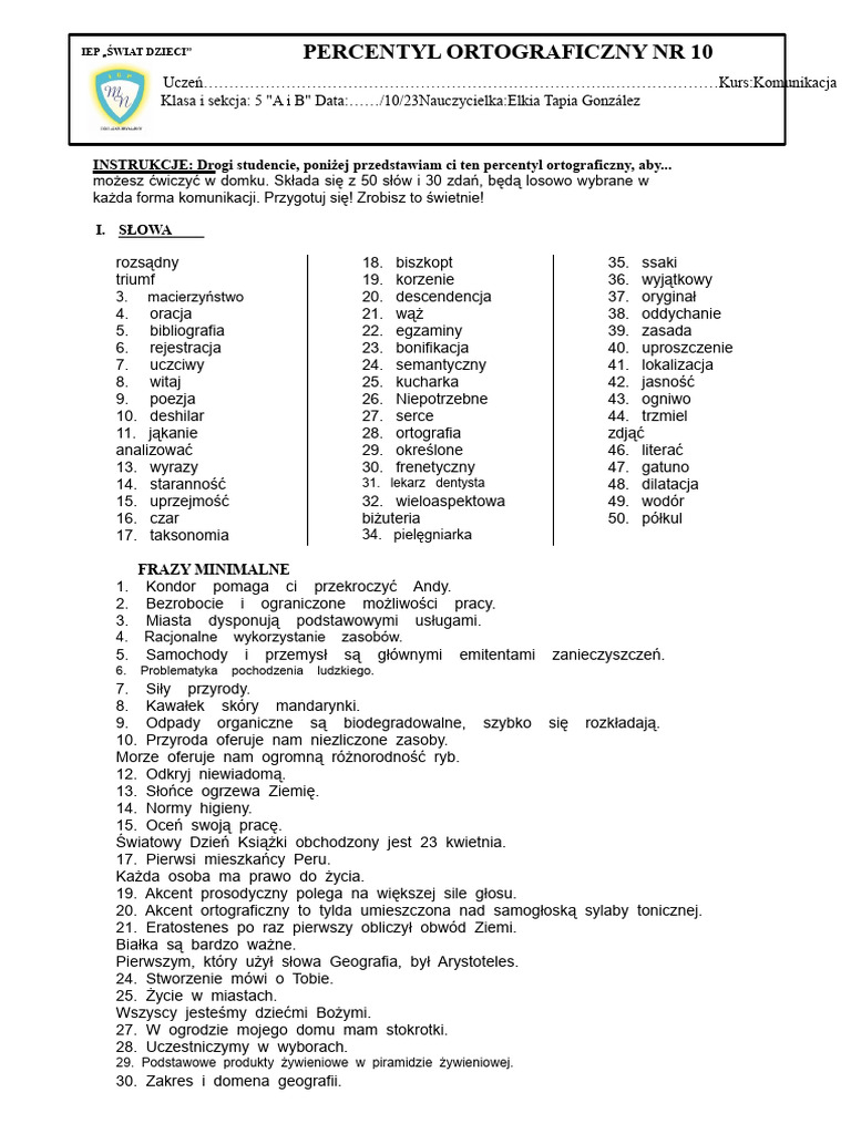 Percentyl Ortograficzny N 10 - 5 Klasa Podstawowa | PDF