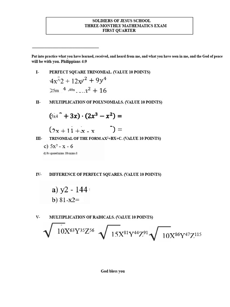Ninth Grade Mathematics Exam | PDF