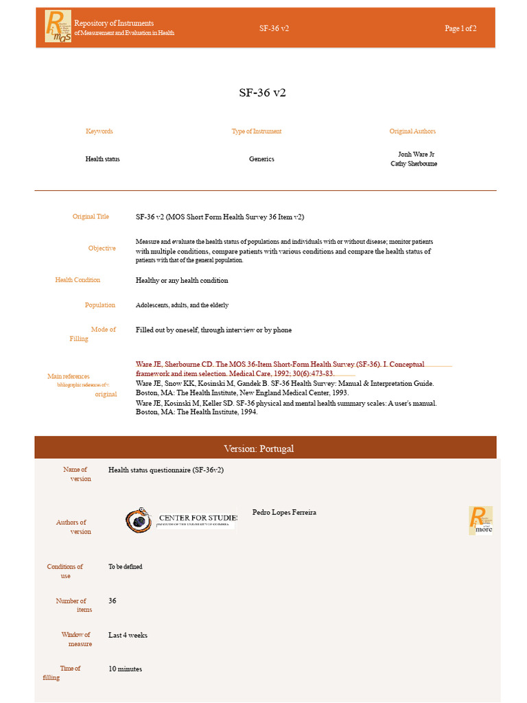 SF-36 v2 Health Status Questionnaire | PDF | Psychometrics ...
