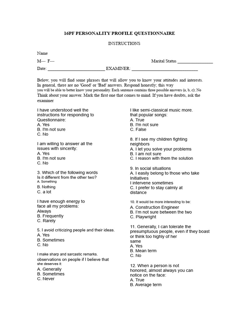 16PF Personality Profile Questionnaire | PDF | Questionnaire | Attitude ...