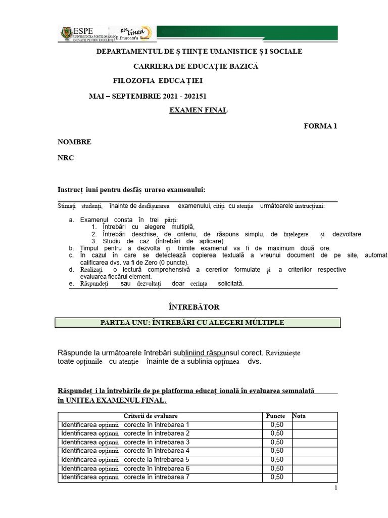 Filosofia Educației Examen Final 202050 Forma 1 | PDF