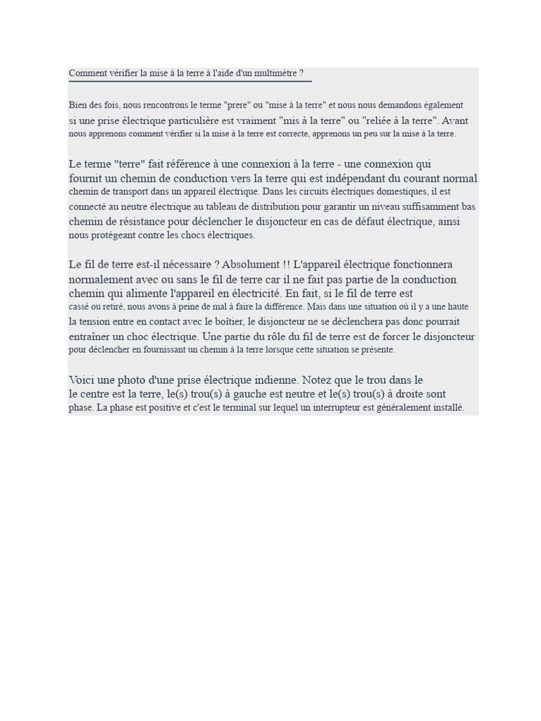 Vérification de la mise à terre avec multimètre PDF Prise — free download