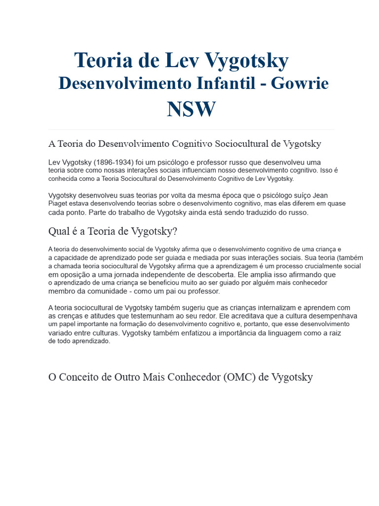 Teoria Sociocultural de Vygotsky | PDF | Aprendizado | Pensamento