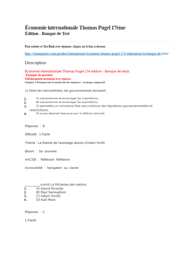 Banque de tests Économie internationale Pugel | PDF | Avantage ...