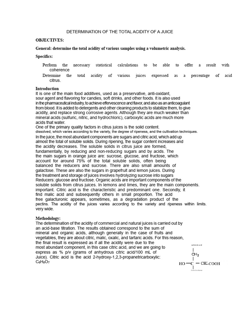 Total Acidity Measurement in Juices | PDF | Acid | Titration