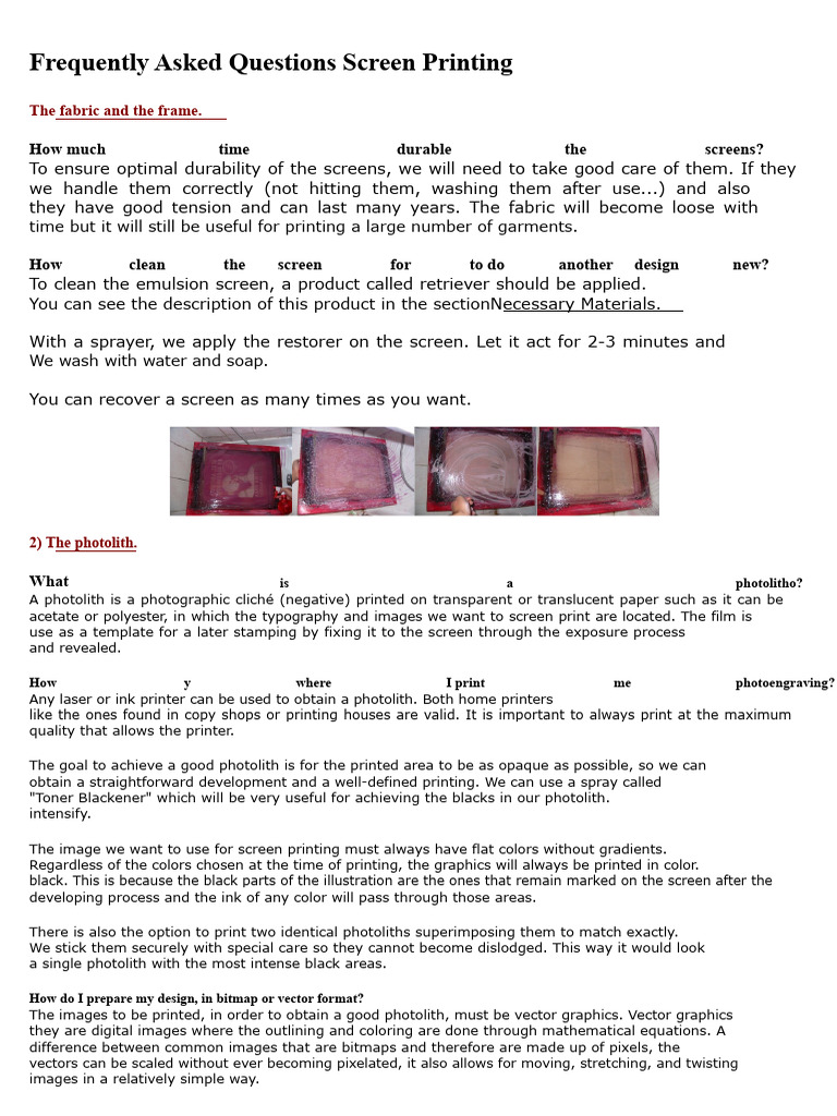 Screen Printing FAQs and Best Practices | PDF | Emulsion | Textiles
