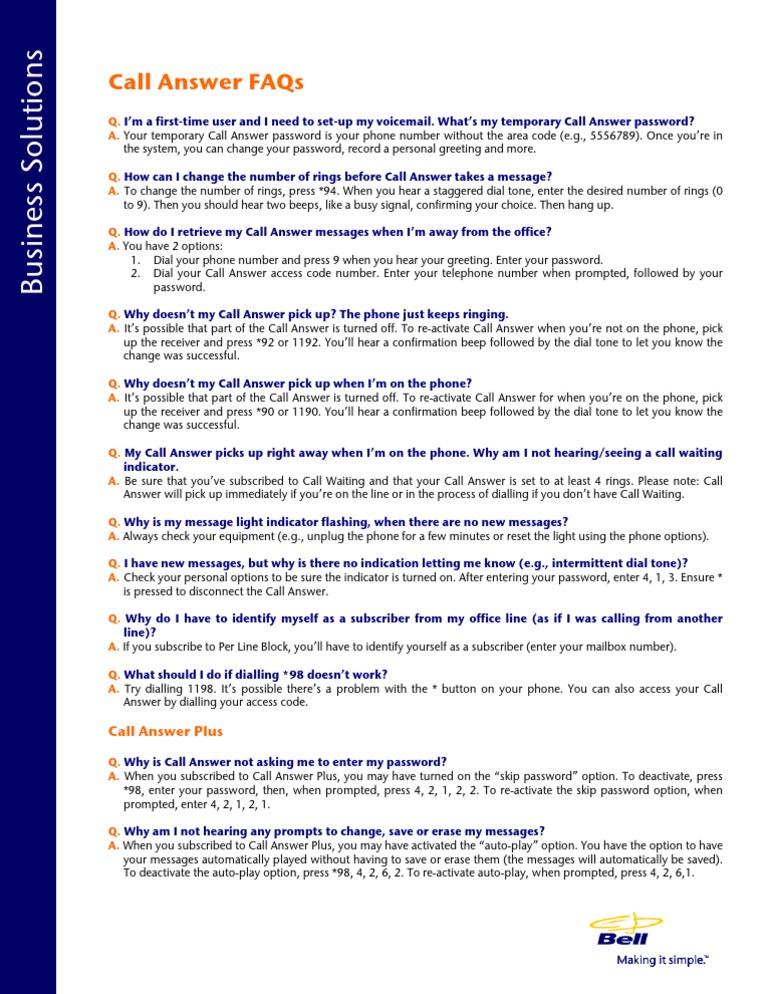 Bell Canada Landline Phone Call Answer FAQ PDF Telephone Number Telephone