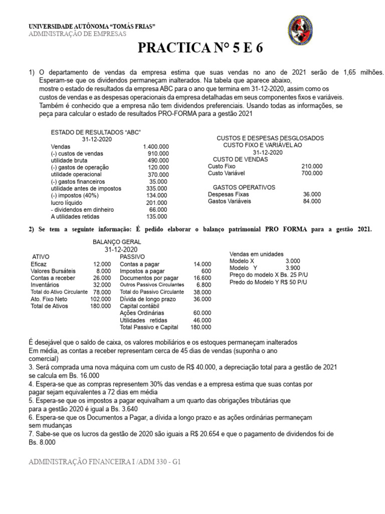 Projeção Financeira da Empresa ABC 2021 | PDF | Dividendo | Contabilidade