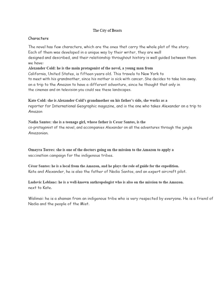 Characters and Summary of City of Beasts | PDF