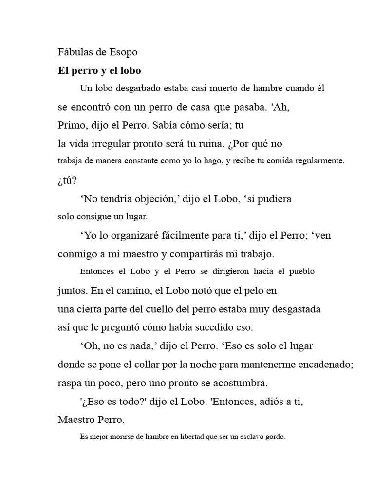 Las Fábulas de Esopo - El Perro y El Lobo | PDF