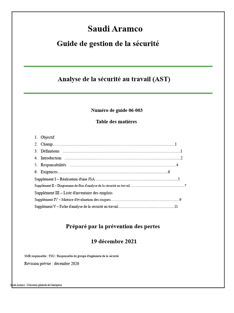Guide de sécurité au travail JSA Aramco | PDF | Risque | Sécurité