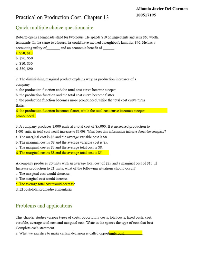 Production Cost Analysis and Questionnaire | PDF | Marginal Cost ...