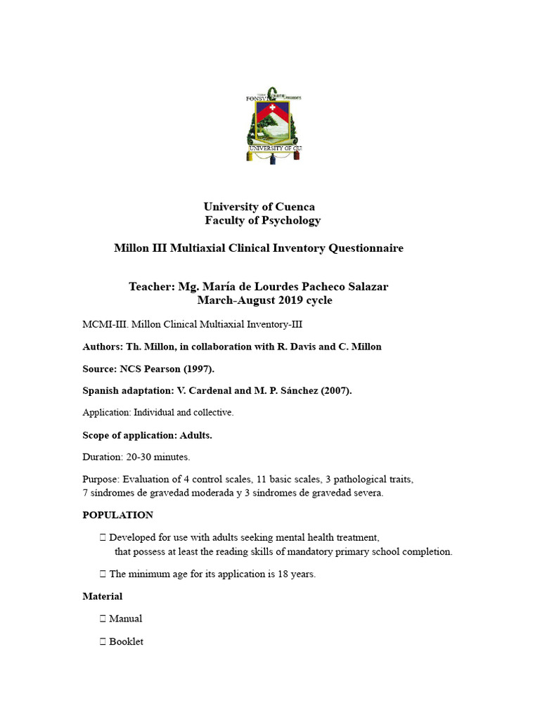 MCMI III Questionnaire-Course | PDF | Diagnostic And Statistical Manual ...