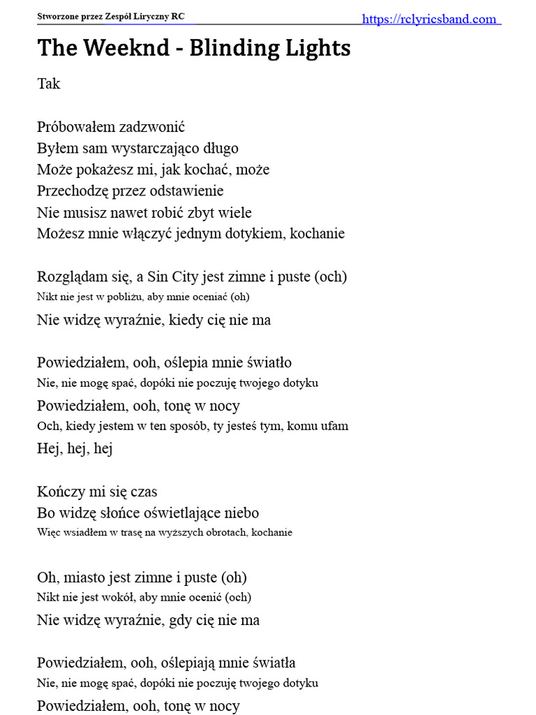 The Weeknd - Blinding Lights Lyrics | PDF