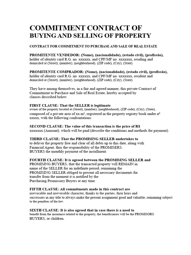 Property Purchase and Sale Commitment Contract | PDF | Payments | Deed