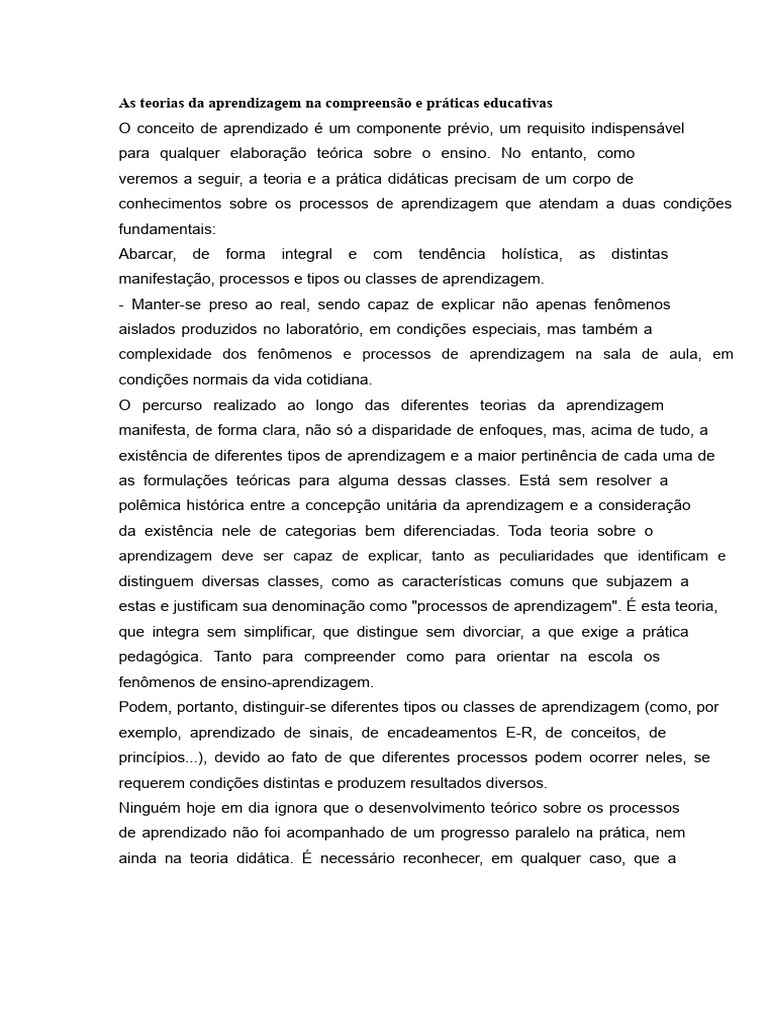 Teorias da Aprendizagem e Práticas Educativas | PDF | Aprendizado | Teoria