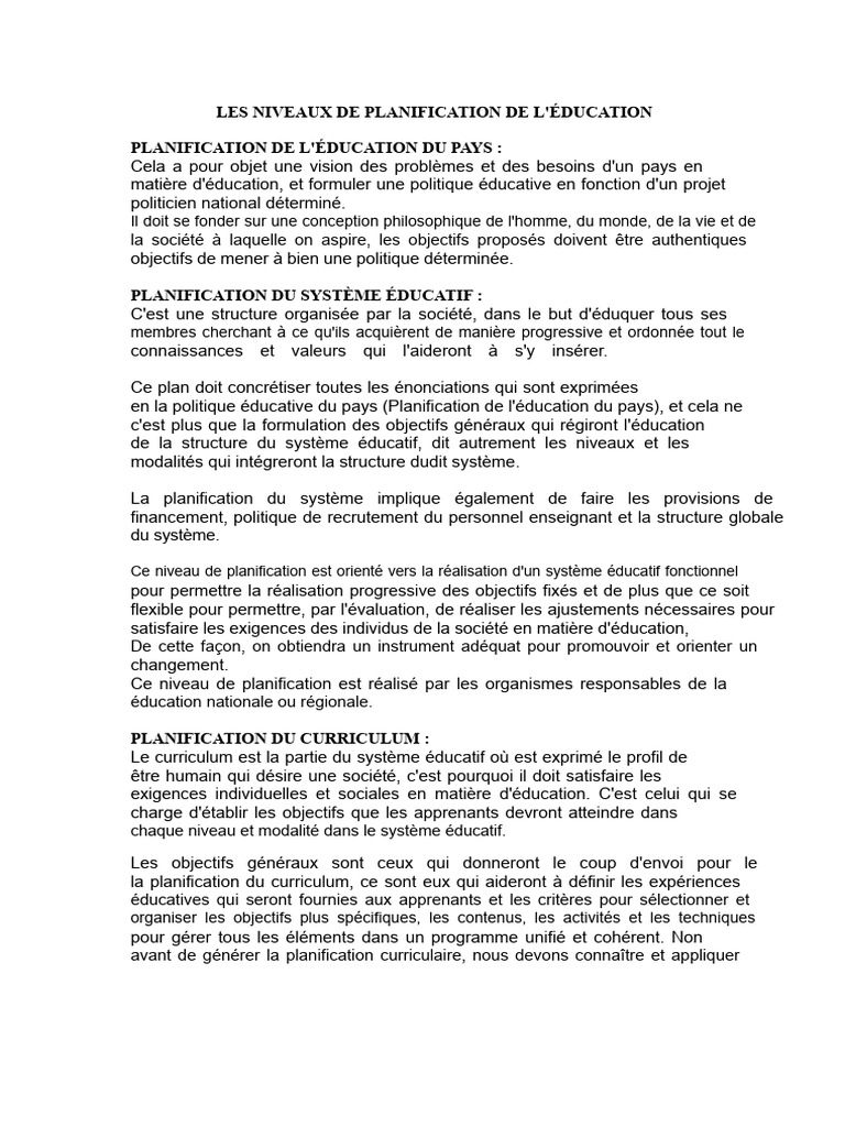 Niveaux de Planification Éducative | PDF | Planification | Pédagogie