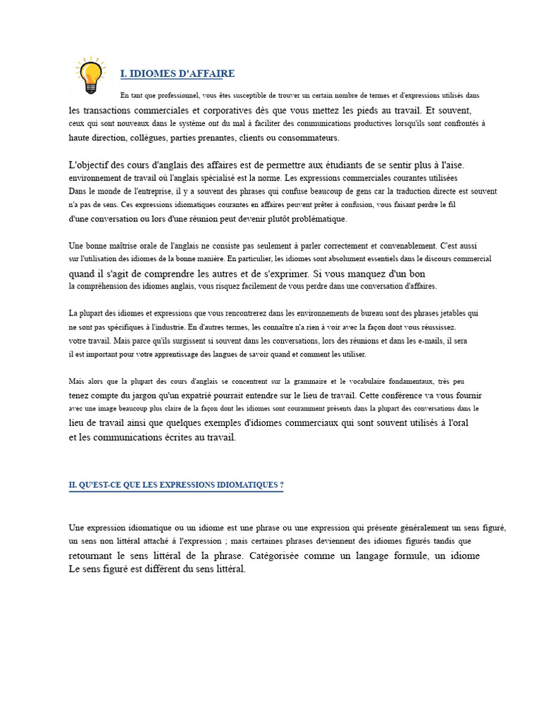 Idiomes d'affaires essentiels en anglais | PDF | Langue anglaise ...