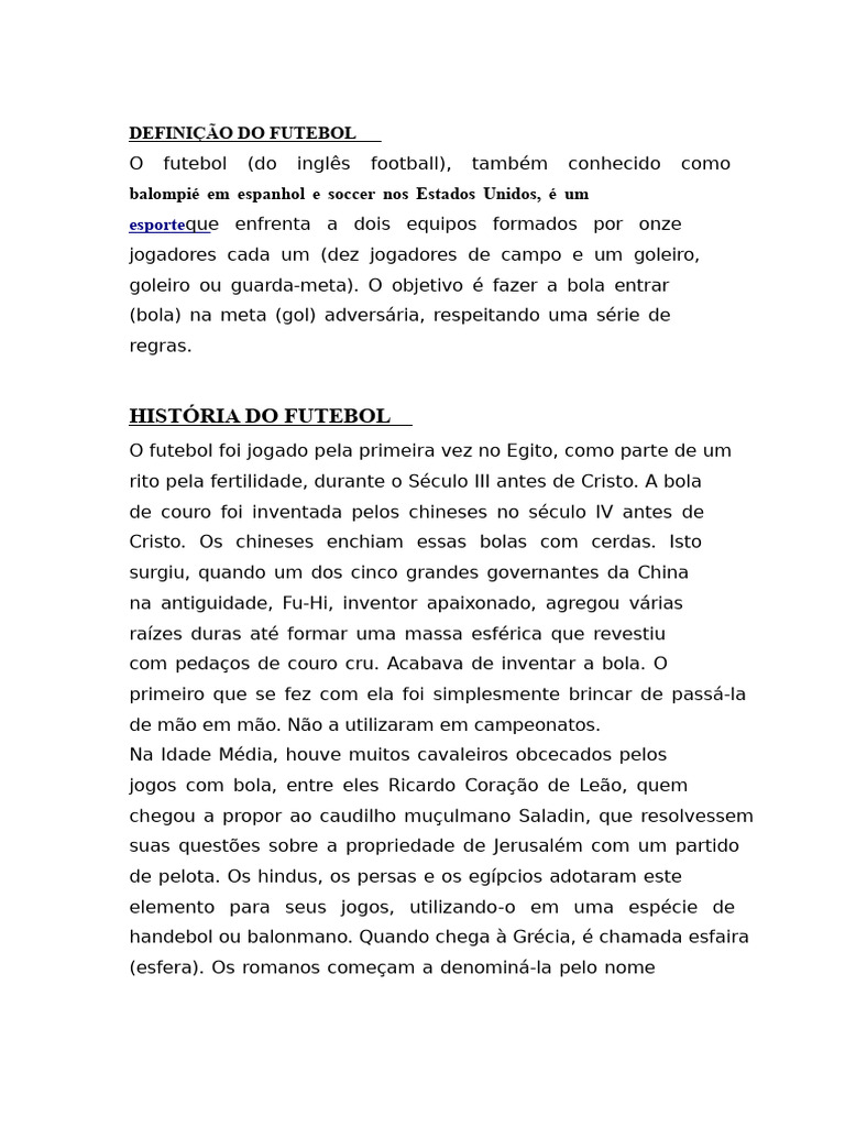 Resumo Da História Do Futebol | PDF | Futebol | Jogos com bola