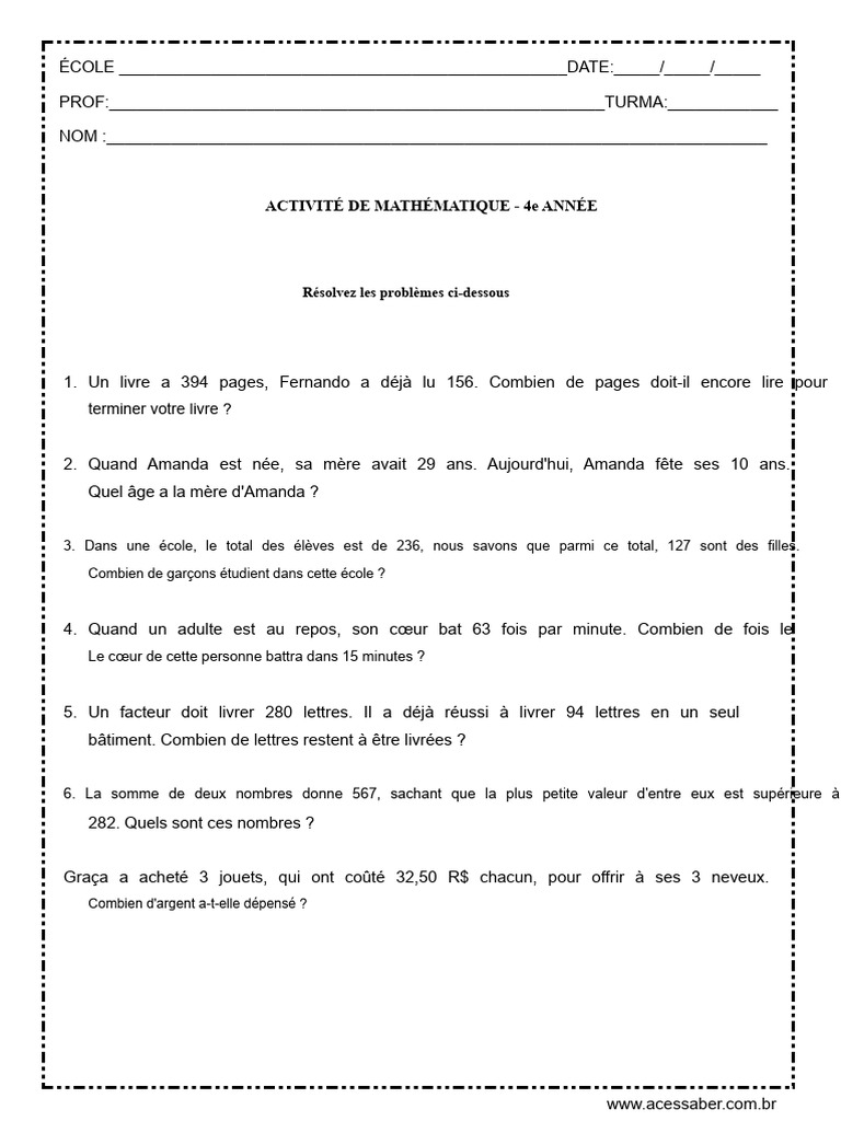 Problèmes de mathématiques 4e année | PDF