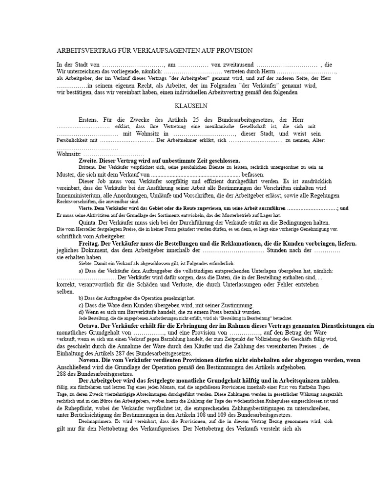 Vertrag Für Einen Verkaufsagenten Auf Provision | PDF