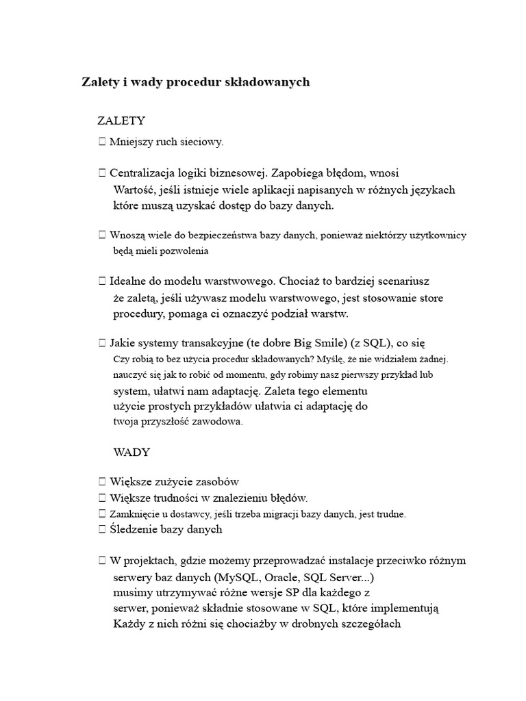 Zalety I Wady Procedur Składowanych | PDF