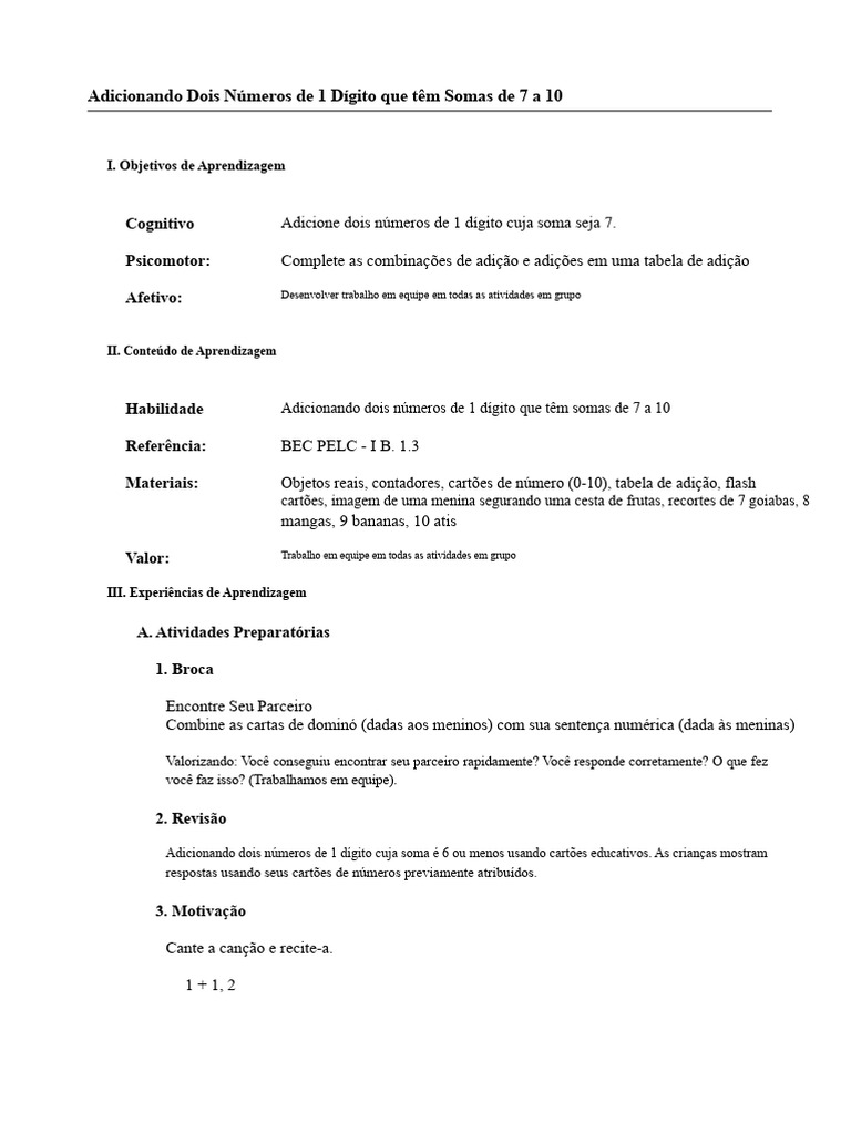 Adicionando Dois Números de 1 Dígito Cujas Somatórias Vão de 7 A 10 ...