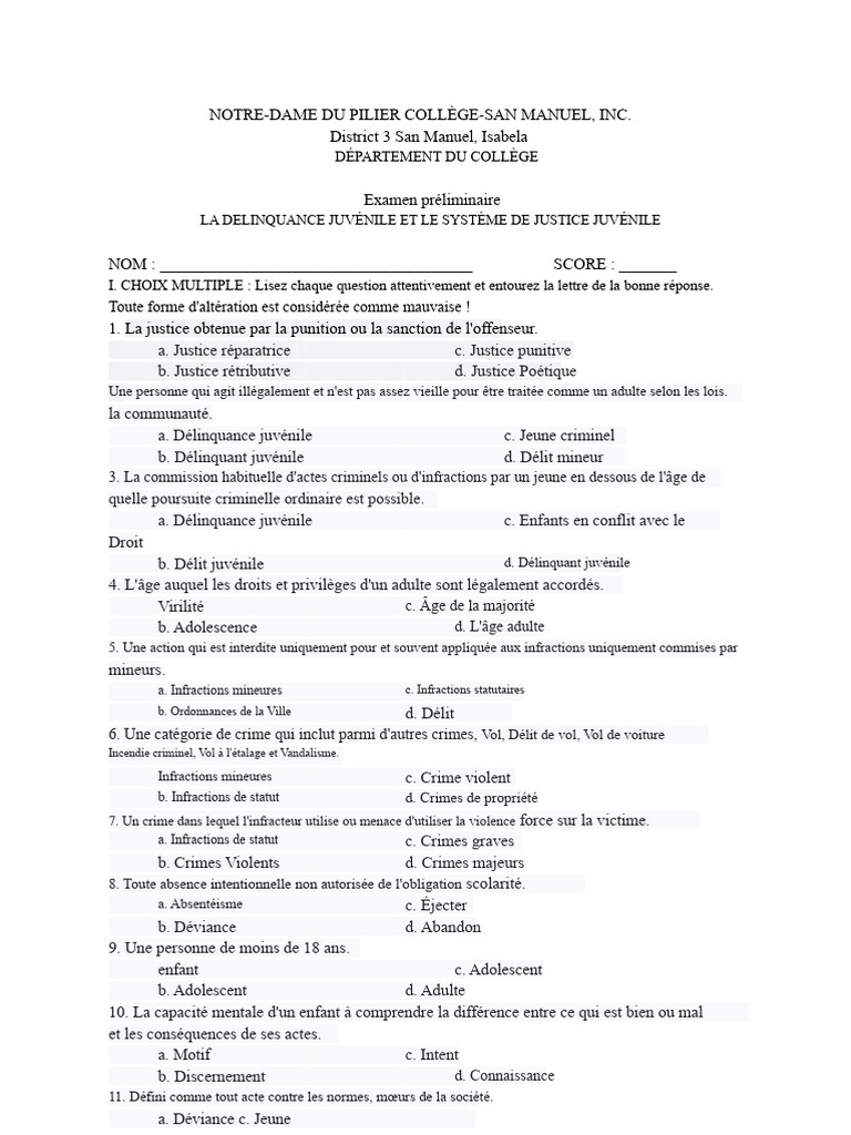 Examen sur la délinquance juvénile | PDF | Crimes | Crime et violence