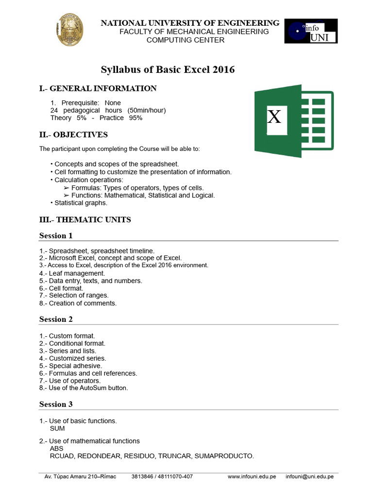 Basic Excel 2016 Course Syllabus | PDF | Microsoft Excel | Spreadsheet
