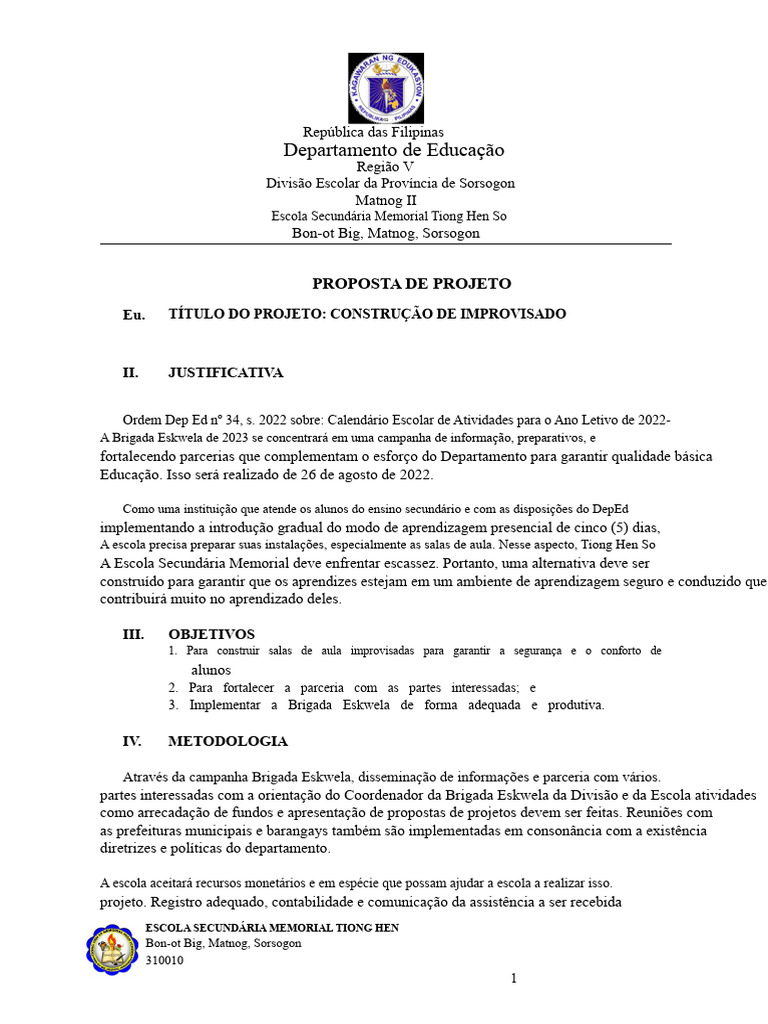 Proposta de Construção de Salas de Aula | PDF | Aprendizado | Escolas