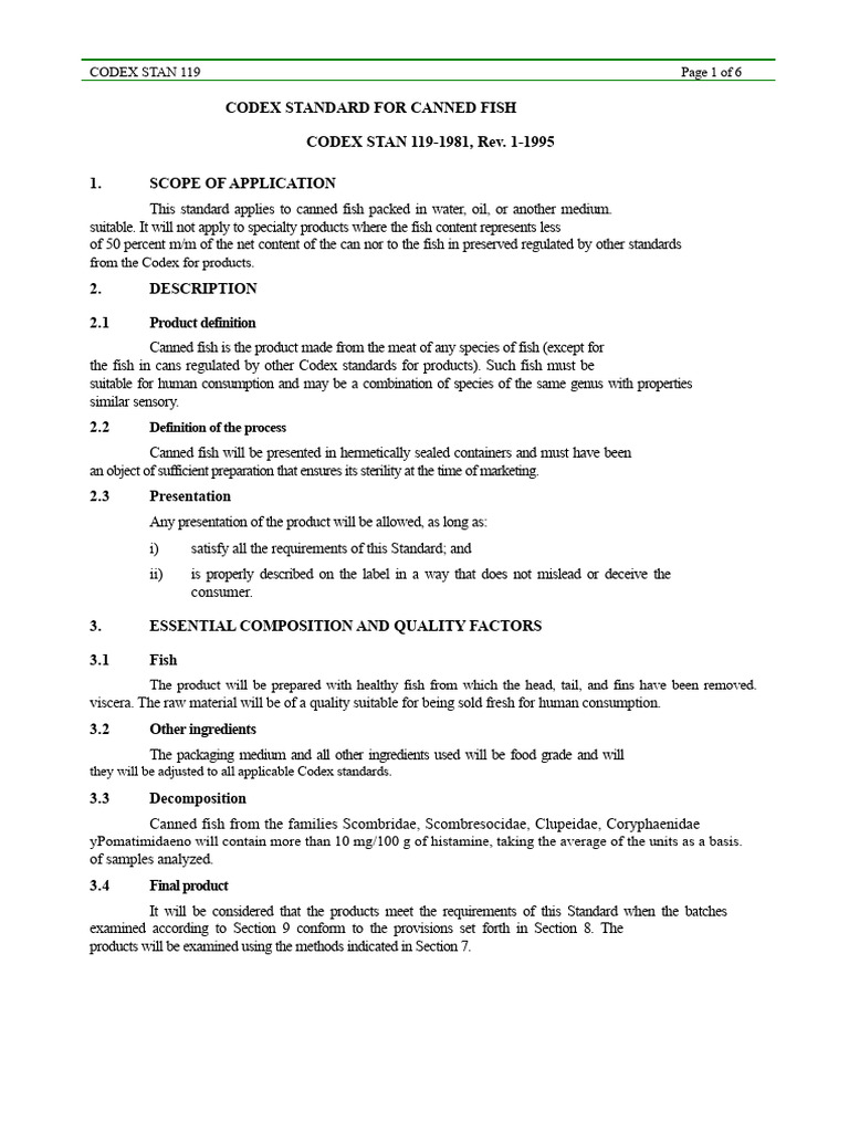 Codex Standard for Canned Fish | PDF