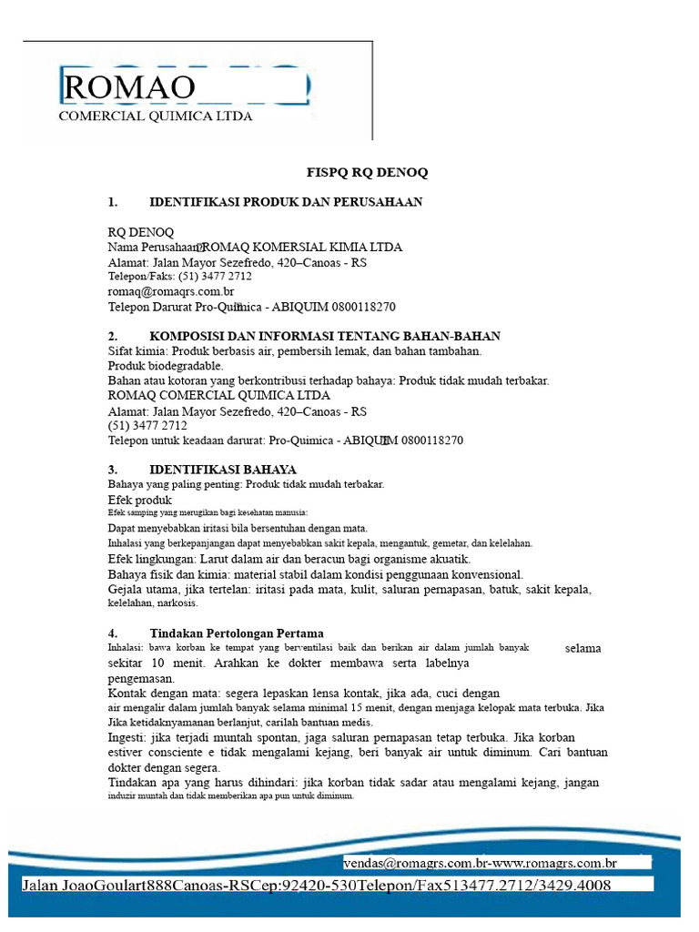 FISPQ RQ DENOQ: Panduan Keselamatan Kimia | PDF