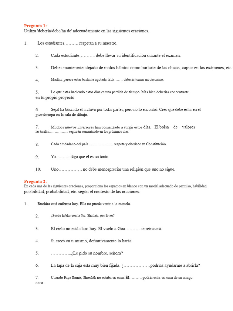 Ejercicios de Modales en Español | PDF | Verbo