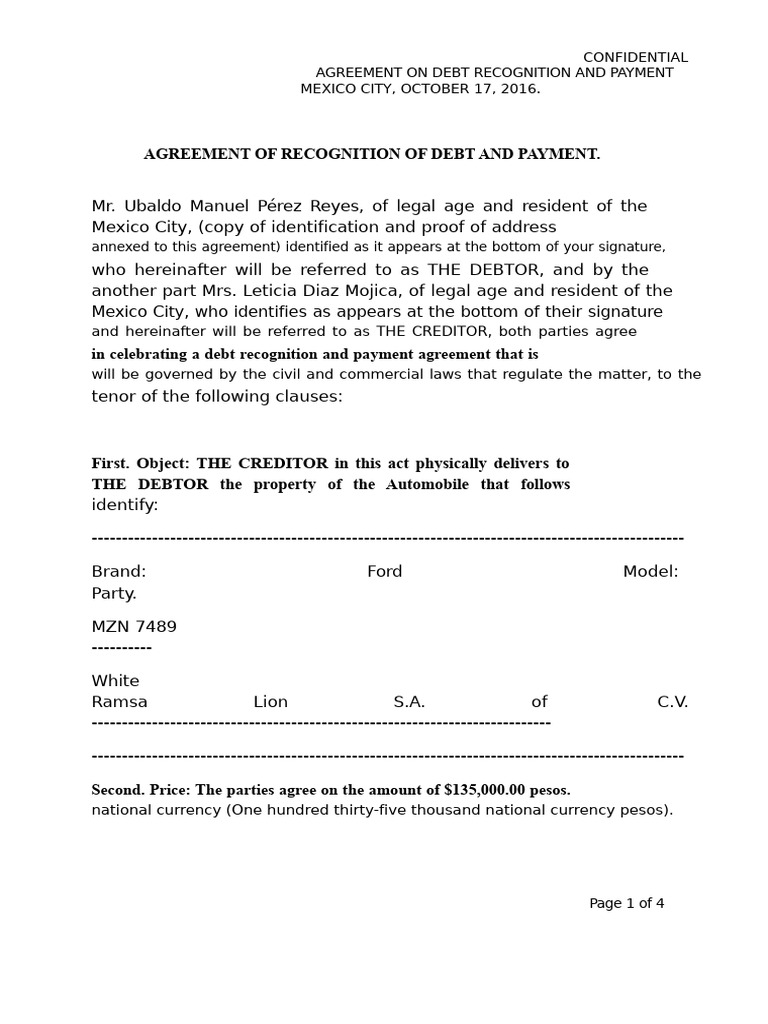 Agreement of Acknowledgment of Debt and Payment | PDF | Debtor | Debt