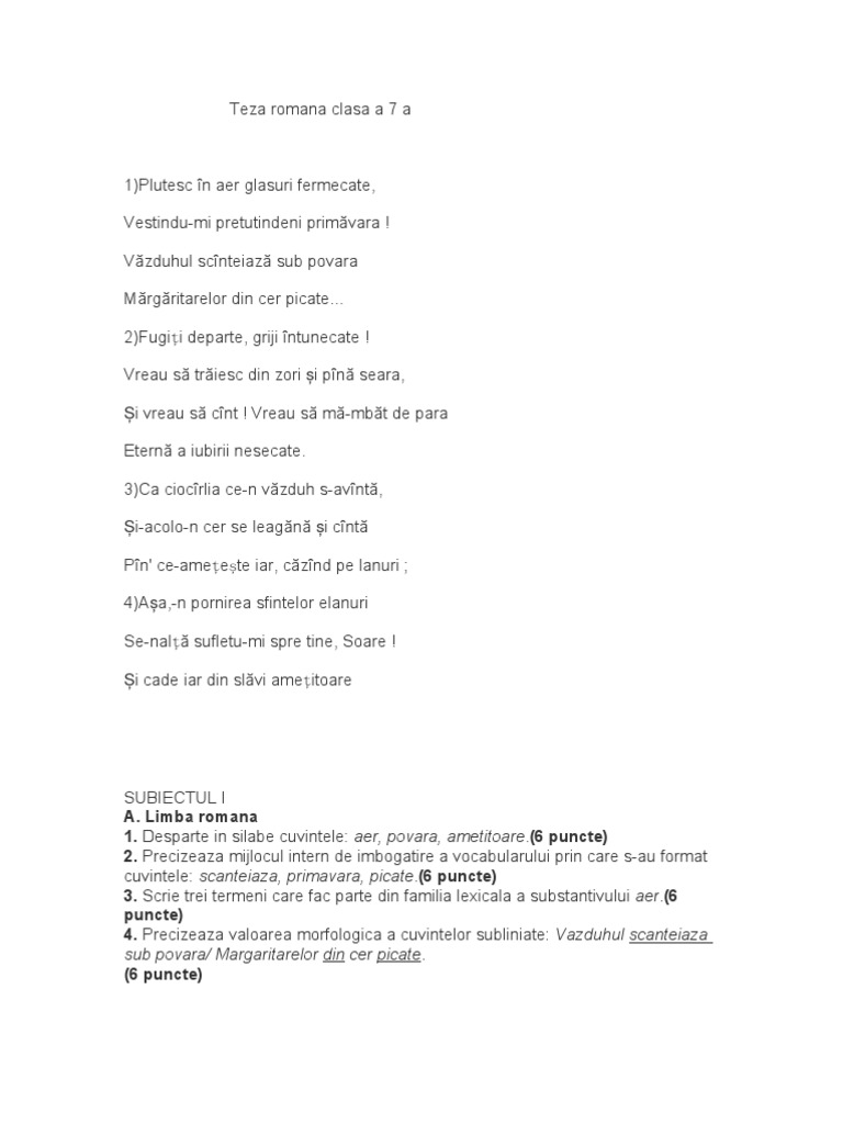Teza Romana Clasa a 7 A
