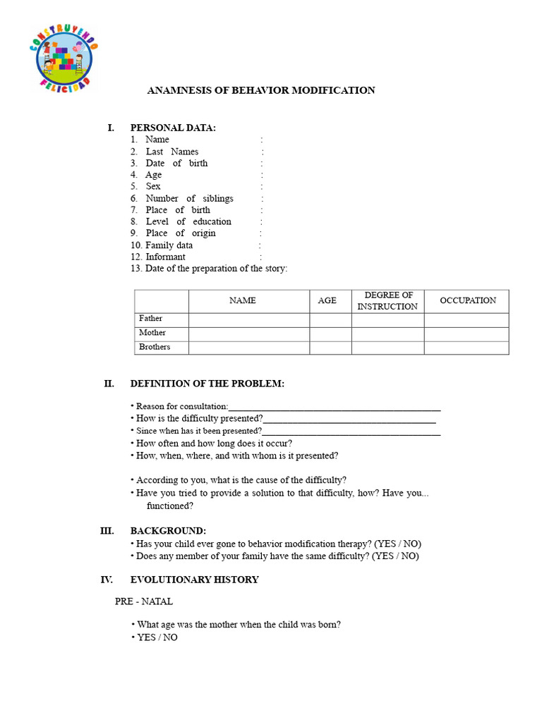 Behavior Modification Anamnesis Form | PDF | Psychological Concepts ...