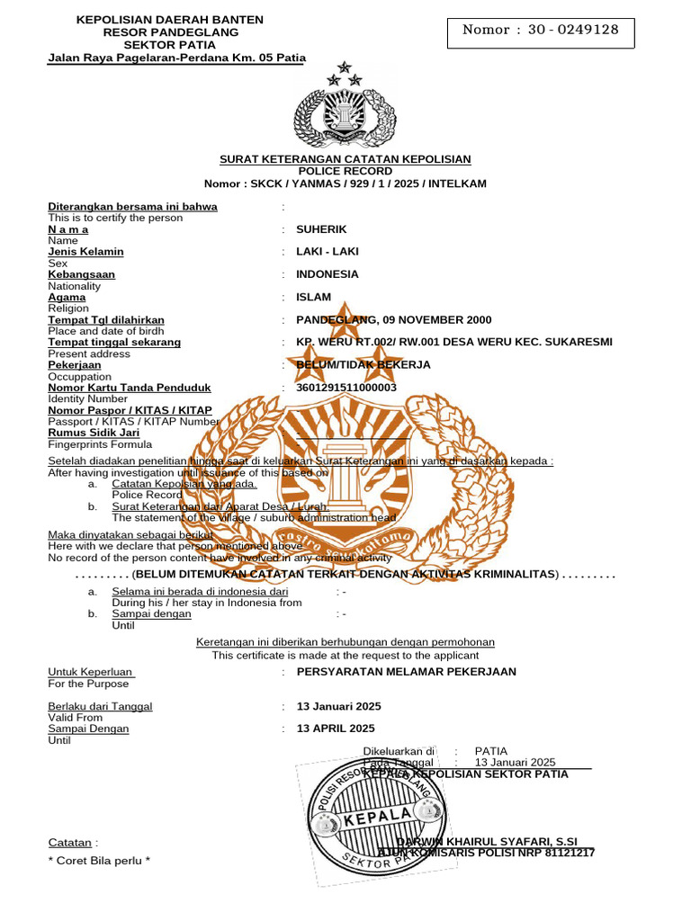 Surat Keterangan Catatan Kepolisian | PDF