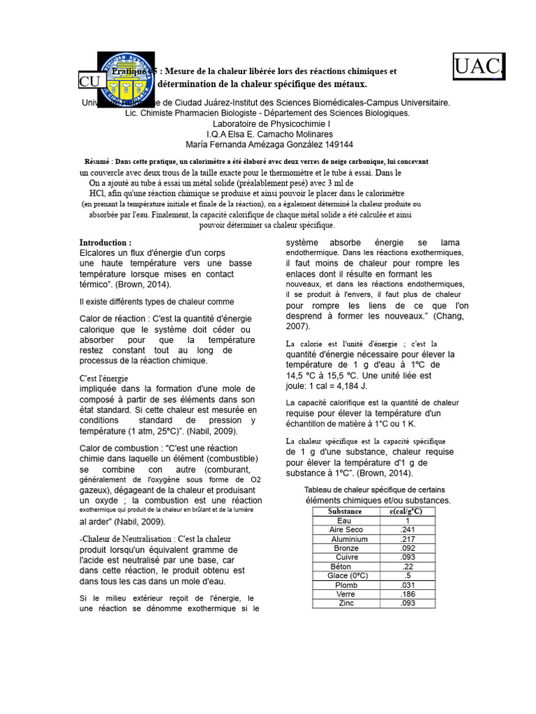 Mesure de la chaleur dans les réactions chimiques | PDF | Transfert ...